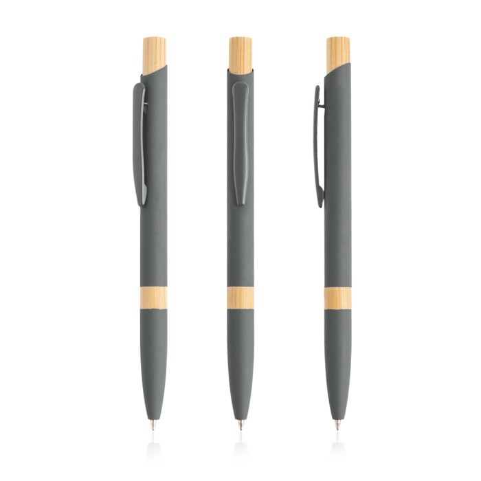 Bolígrafo de aluminio reciclado con detalles de bambú tinta azul color gris claro
