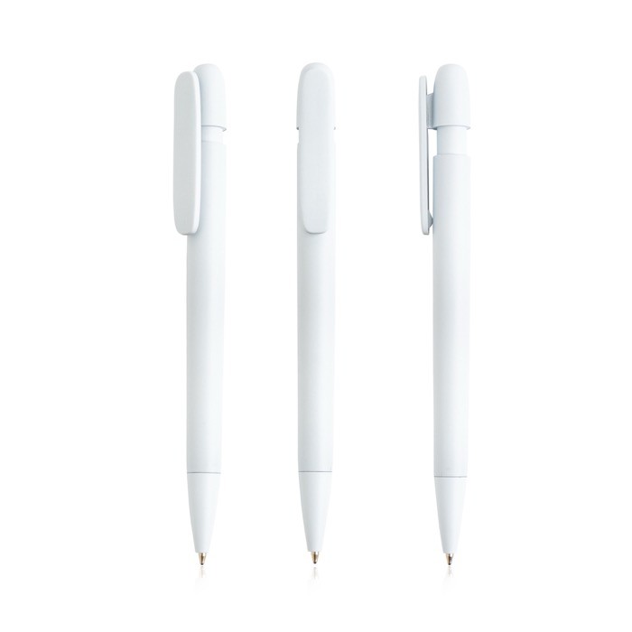 Bolígrafo de plástico reciclado con clip ancho y tinta azul color blanco Bolígrafo de plástico reciclado con clip ancho y tinta azul color blanco