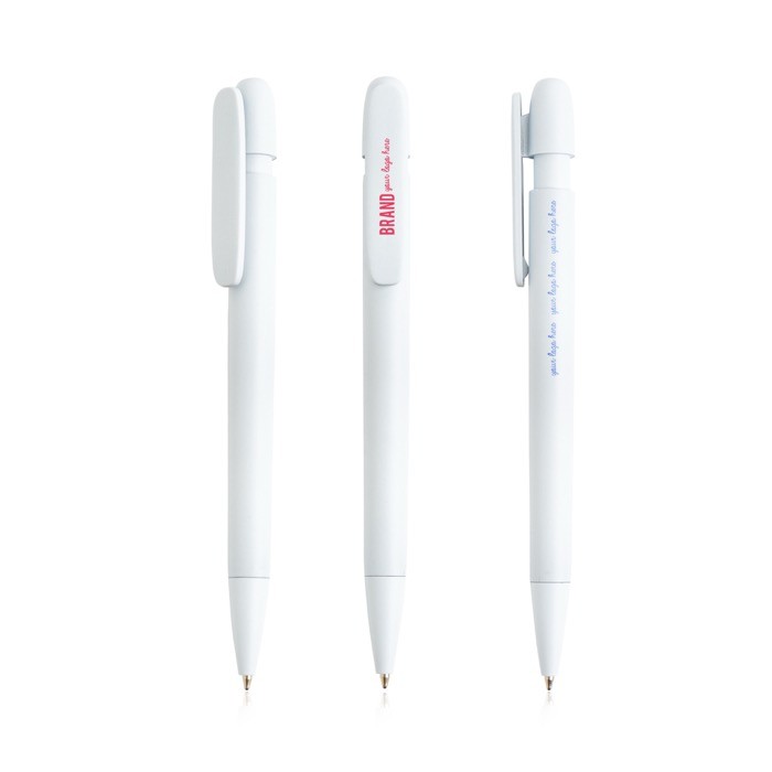 Bolígrafo de plástico reciclado con clip ancho y tinta azul color blanco vista con logo impreso Bolígrafo de plástico reciclado con clip ancho y tinta azul color blanco vista con logo impreso