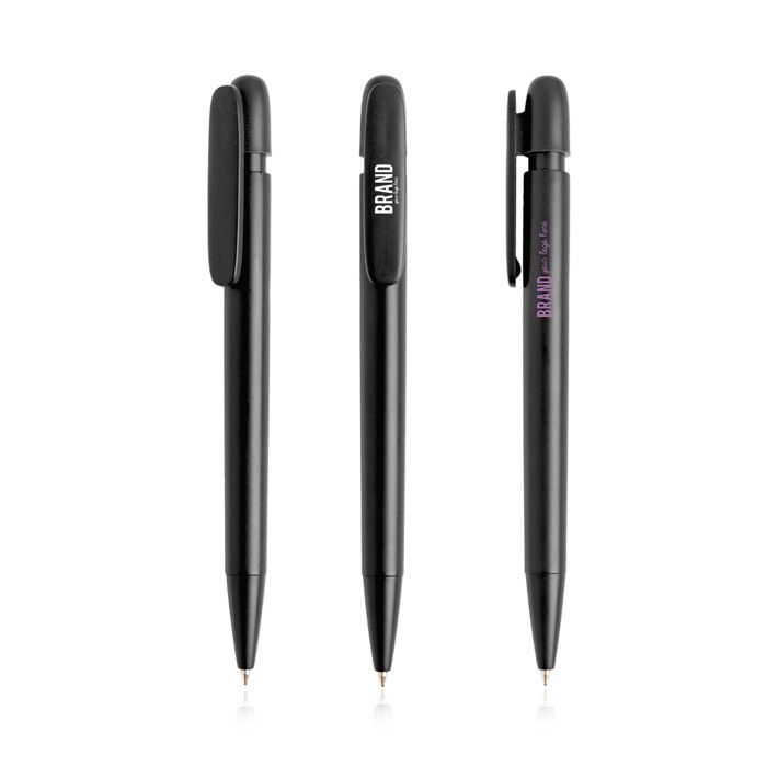 Bolígrafo de plástico reciclado con clip ancho y tinta azul color negro vista con logo impreso Bolígrafo de plástico reciclado con clip ancho y tinta azul color negro vista con logo impreso