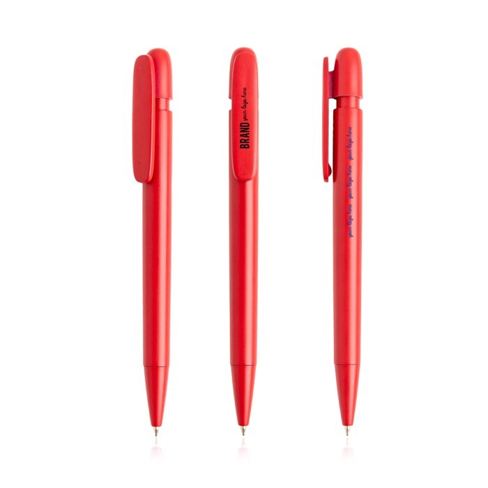 Bolígrafo de plástico reciclado con clip ancho y tinta azul color rojo vista con logo impreso Bolígrafo de plástico reciclado con clip ancho y tinta azul color rojo vista con logo impreso