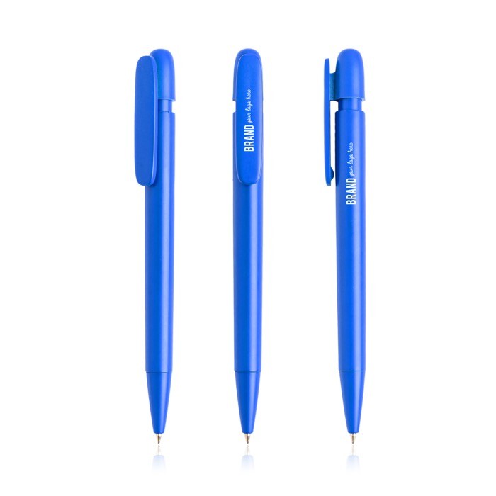 Bolígrafo de plástico reciclado con clip ancho y tinta azul color azul real vista con logo impreso Bolígrafo de plástico reciclado con clip ancho y tinta azul color azul real vista con logo impreso