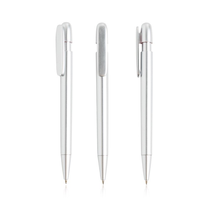 Bolígrafo de plástico reciclado con clip ancho y tinta azul color plateado Bolígrafo de plástico reciclado con clip ancho y tinta azul color plateado