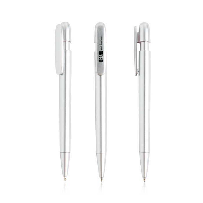 Bolígrafo de plástico reciclado con clip ancho y tinta azul color plateado vista con logo impreso Bolígrafo de plástico reciclado con clip ancho y tinta azul color plateado vista con logo impreso