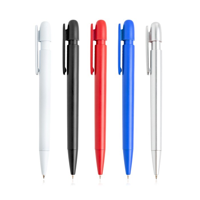 Bolígrafo de plástico reciclado con clip ancho y tinta azul vista con varios colores Bolígrafo de plástico reciclado con clip ancho y tinta azul vista con varios colores