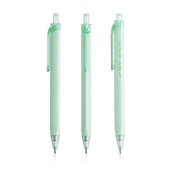 Bolígrafo triangular de plástico con detalles transparentes tinta azul color verde menta vista con logo impreso Bolígrafo triangular de plástico con detalles transparentes tinta azul color verde menta vista con logo impreso