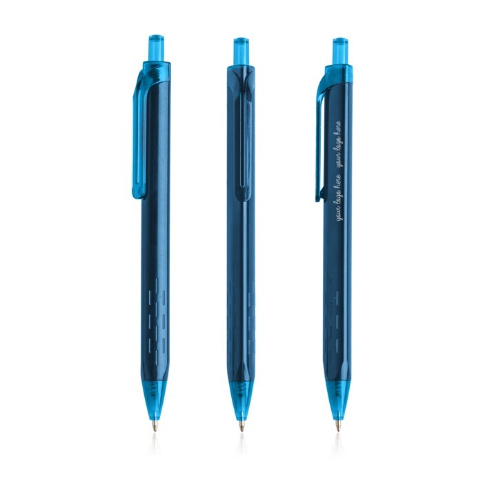 Bolígrafo triangular de plástico con detalles transparentes tinta azul color azul petróleo vista con logo impreso Bolígrafo triangular de plástico con detalles transparentes tinta azul color azul petróleo vista con logo impreso