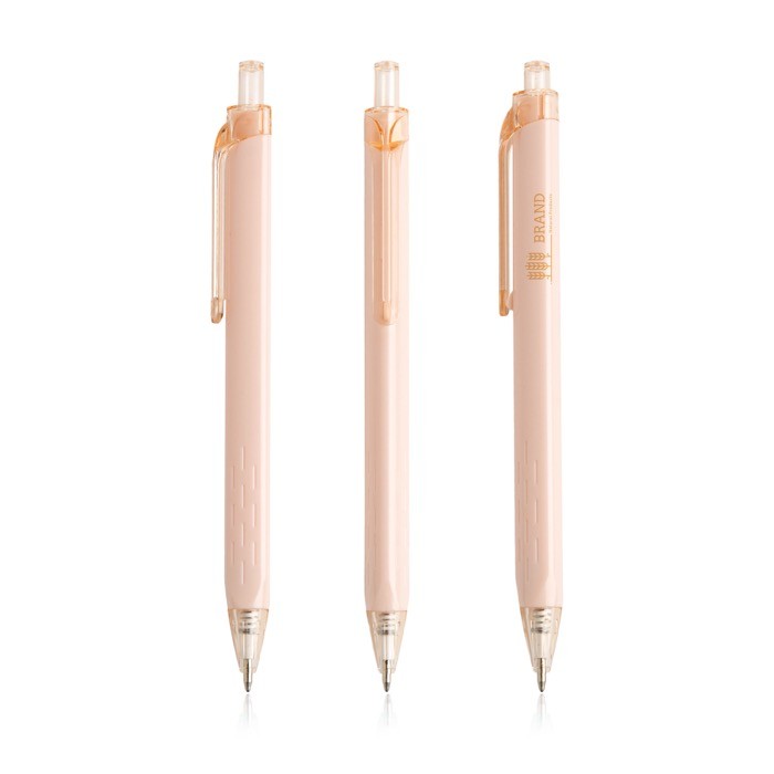 Bolígrafo triangular de plástico con detalles transparentes tinta azul color rosa claro vista con logo impreso Bolígrafo triangular de plástico con detalles transparentes tinta azul color rosa claro vista con logo impreso