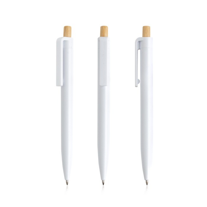 Bolígrafo de plástico reciclado con botón de bambú tinta azul color blanco Bolígrafo de plástico reciclado con botón de bambú tinta azul color blanco