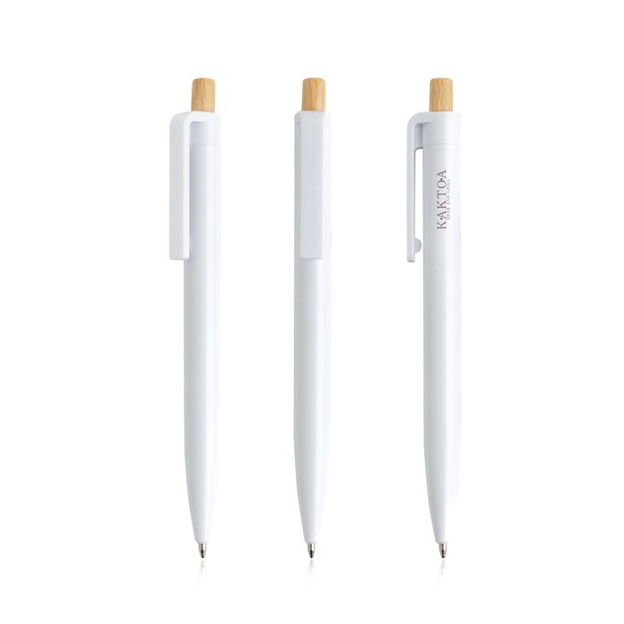 Bolígrafo de plástico reciclado con botón de bambú tinta azul color blanco vista con logo impreso Bolígrafo de plástico reciclado con botón de bambú tinta azul color blanco vista con logo impreso