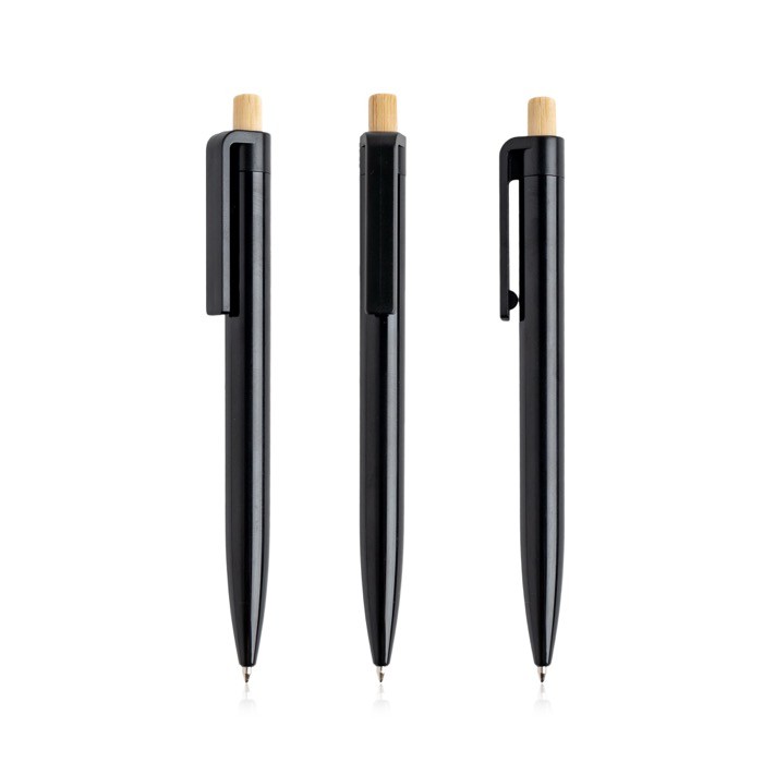 Bolígrafo de plástico reciclado con botón de bambú tinta azul color negro vista 11 Bolígrafo de plástico reciclado con botón de bambú tinta azul color negro vista 11