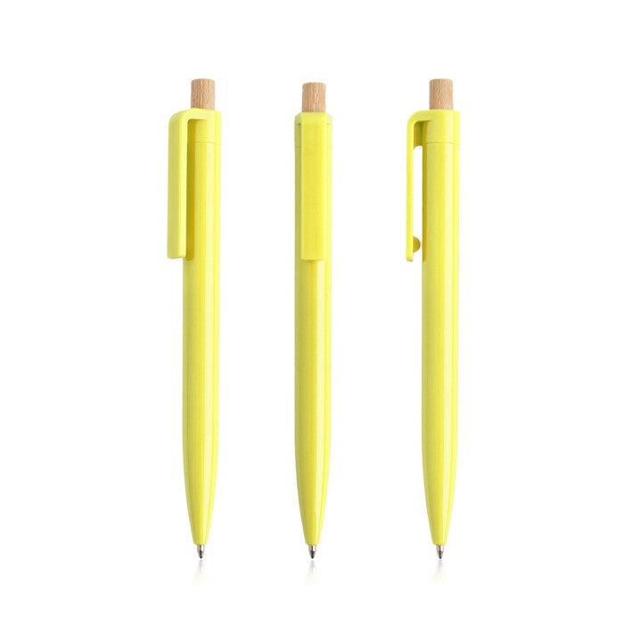 Bolígrafo de plástico reciclado con botón de bambú tinta azul color amarillo Bolígrafo de plástico reciclado con botón de bambú tinta azul color amarillo