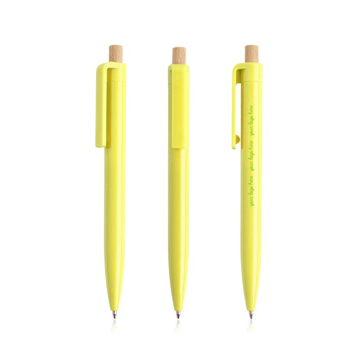 Bolígrafo de plástico reciclado con botón de bambú tinta azul color amarillo vista con logo impreso Bolígrafo de plástico reciclado con botón de bambú tinta azul color amarillo vista con logo impreso