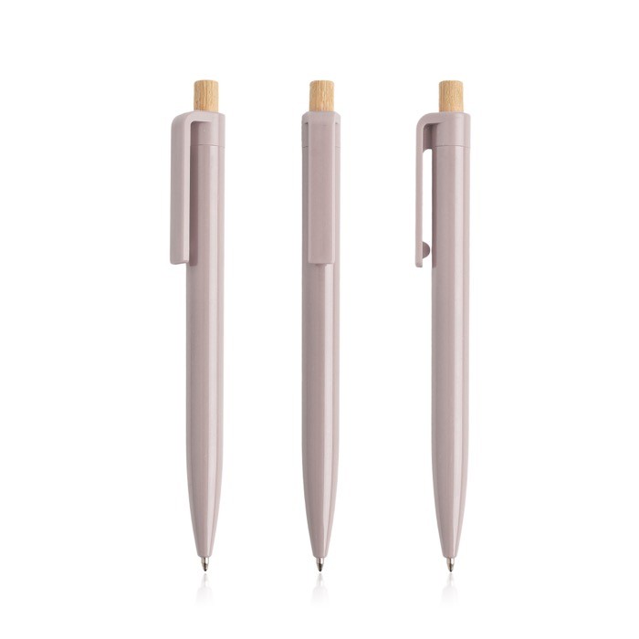 Bolígrafo de plástico reciclado con botón de bambú tinta azul color rosa claro Bolígrafo de plástico reciclado con botón de bambú tinta azul color rosa claro