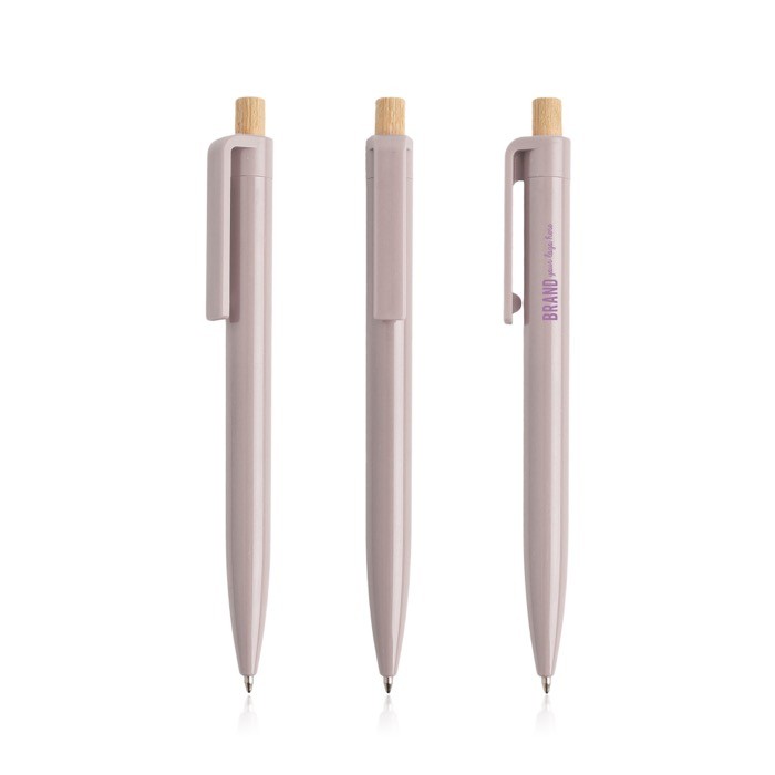 Bolígrafo de plástico reciclado con botón de bambú tinta azul color rosa claro vista con logo impreso Bolígrafo de plástico reciclado con botón de bambú tinta azul color rosa claro vista con logo impreso