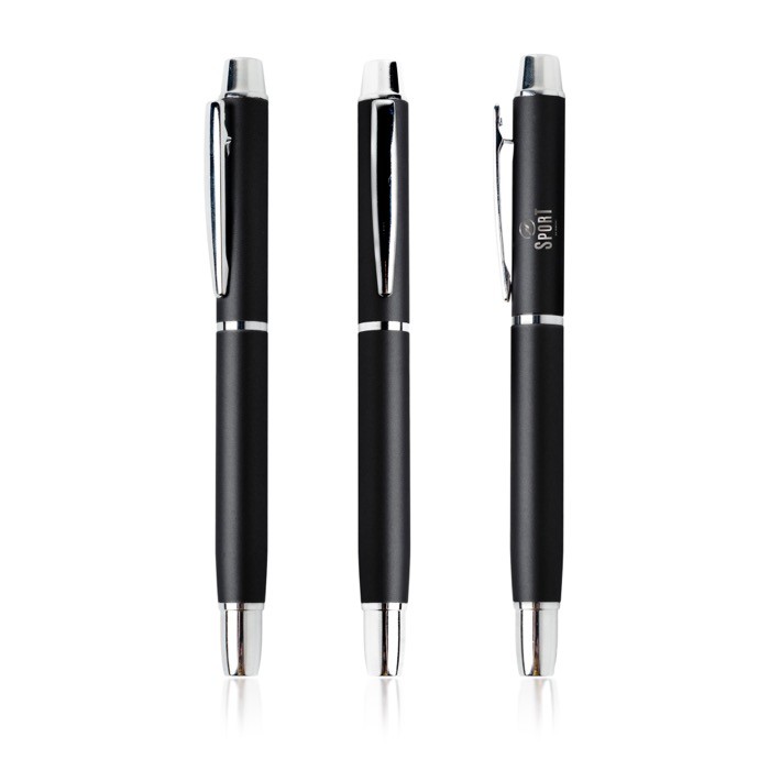 Roller elegante de aluminio con detalles plateados tinta azul color negro vista con logo impreso