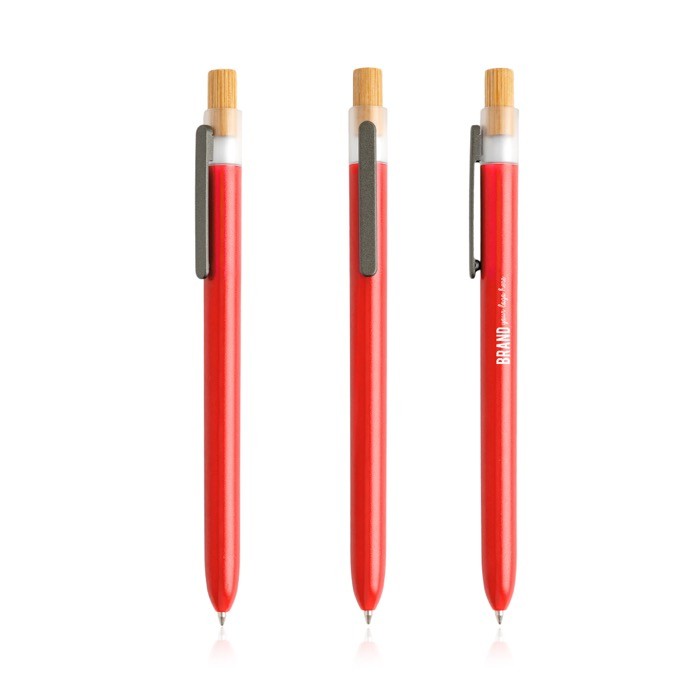 Bolígrafo con plástico de los océanos y pulsador de bambú tinta negra color rojo vista con logo impreso Bolígrafo con plástico de los océanos y pulsador de bambú tinta negra color rojo vista con logo impreso