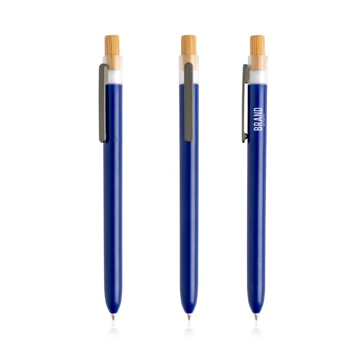 Bolígrafo con plástico de los océanos y pulsador de bambú tinta negra color azul marino vista con logo impreso Bolígrafo con plástico de los océanos y pulsador de bambú tinta negra color azul marino vista con logo impreso
