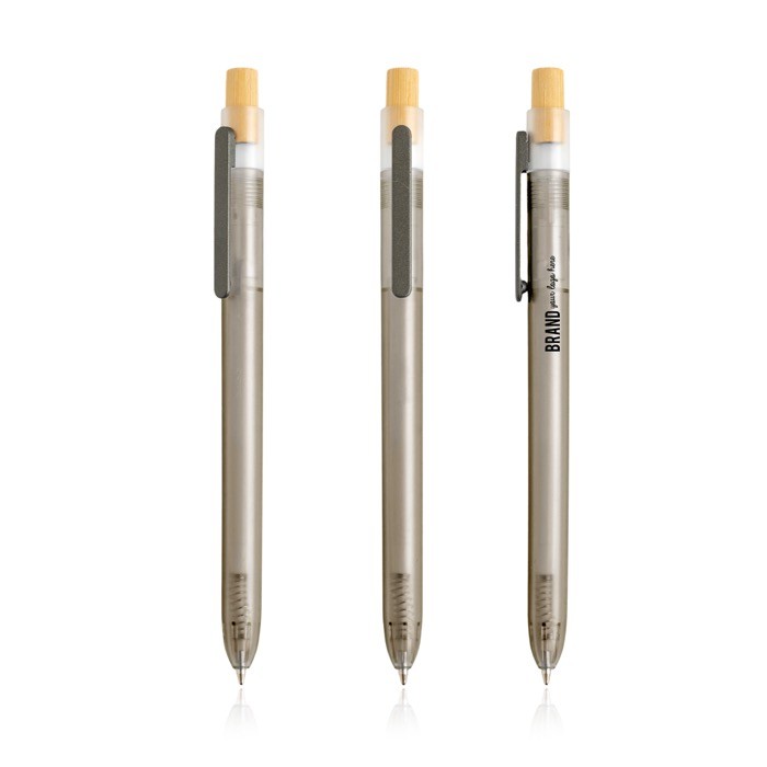 Bolígrafo de plástico de océanos con pulsador de bambú tinta azul color negro vista con logo impreso Bolígrafo de plástico de océanos con pulsador de bambú tinta azul color negro vista con logo impreso