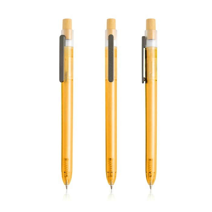 Bolígrafo de plástico de océanos con pulsador de bambú tinta azul color naranja Bolígrafo de plástico de océanos con pulsador de bambú tinta azul color naranja