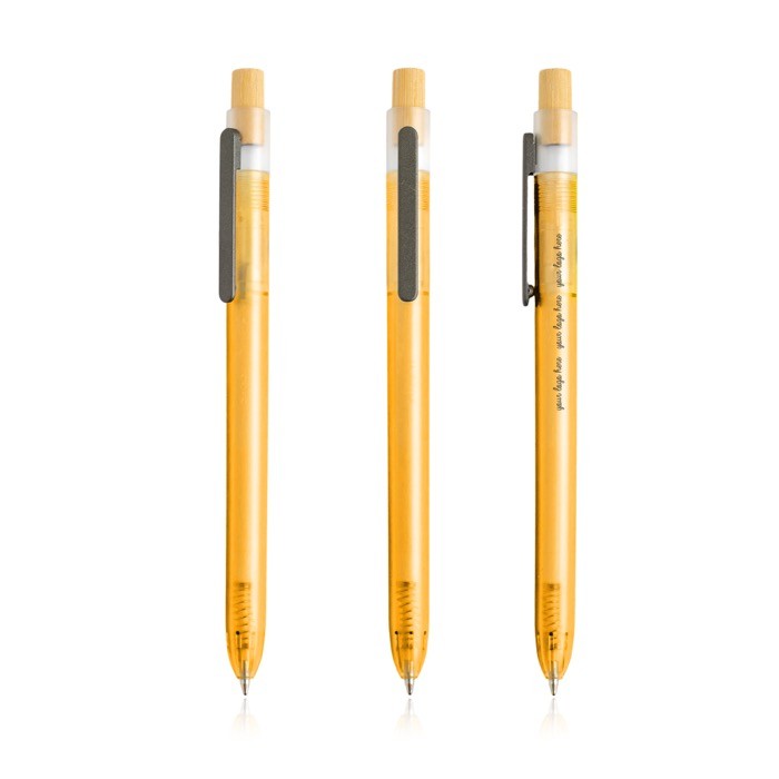 Bolígrafo de plástico de océanos con pulsador de bambú tinta azul color naranja vista con logo impreso Bolígrafo de plástico de océanos con pulsador de bambú tinta azul color naranja vista con logo impreso