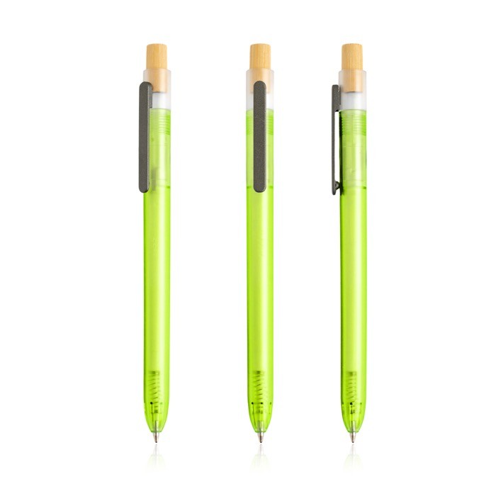 Bolígrafo de plástico de océanos con pulsador de bambú tinta azul color verde claro Bolígrafo de plástico de océanos con pulsador de bambú tinta azul color verde claro