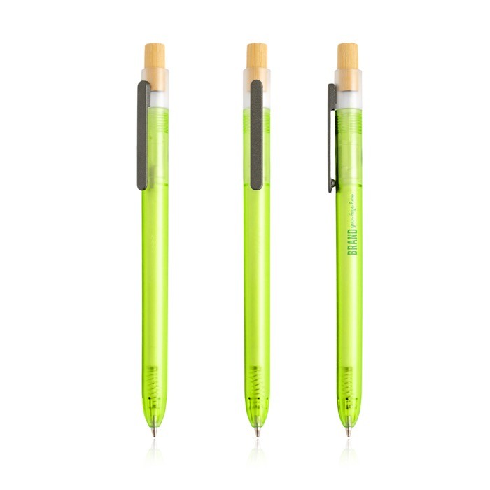 Bolígrafo de plástico de océanos con pulsador de bambú tinta azul color verde claro vista con logo impreso Bolígrafo de plástico de océanos con pulsador de bambú tinta azul color verde claro vista con logo impreso