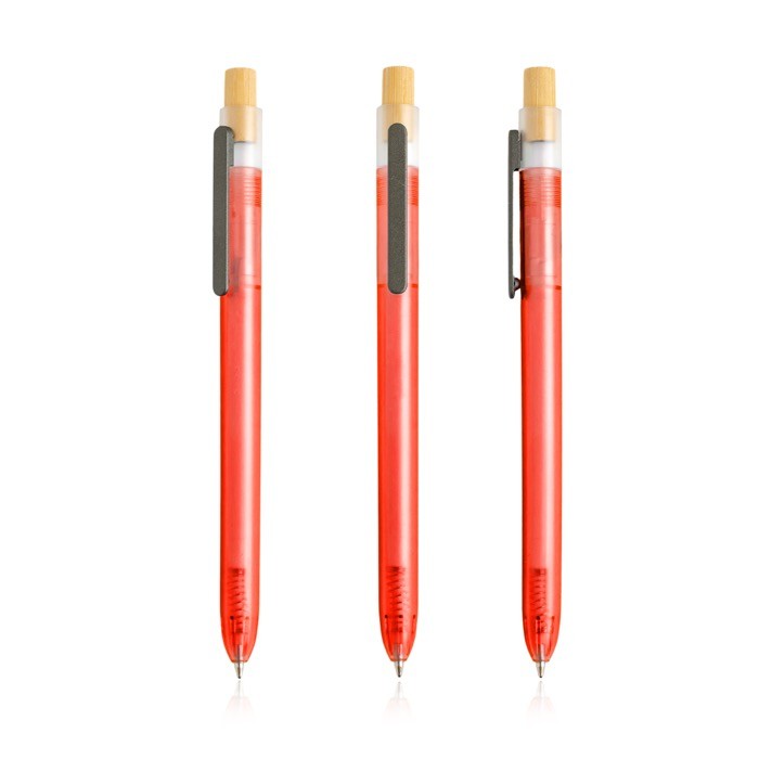 Bolígrafo de plástico de océanos con pulsador de bambú tinta azul color rojo Bolígrafo de plástico de océanos con pulsador de bambú tinta azul color rojo