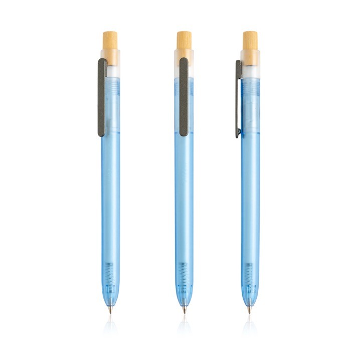 Bolígrafo de plástico de océanos con pulsador de bambú tinta azul color turquesa Bolígrafo de plástico de océanos con pulsador de bambú tinta azul color turquesa