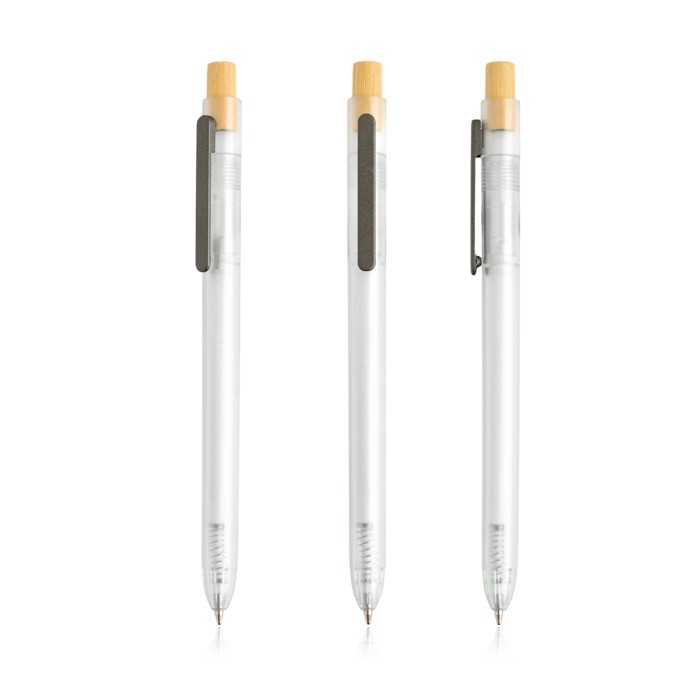 Bolígrafo de plástico de océanos con pulsador de bambú tinta azul color translúcido Bolígrafo de plástico de océanos con pulsador de bambú tinta azul color translúcido