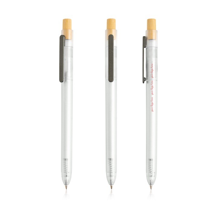 Bolígrafo de plástico de océanos con pulsador de bambú tinta azul color translúcido vista con logo impreso Bolígrafo de plástico de océanos con pulsador de bambú tinta azul color translúcido vista con logo impreso