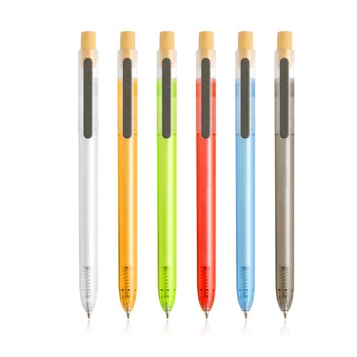 Bolígrafo de plástico de océanos con pulsador de bambú tinta azul vista con varios colores Bolígrafo de plástico de océanos con pulsador de bambú tinta azul vista con varios colores