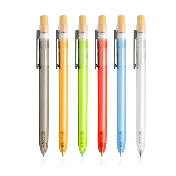 Bolígrafo de plástico de océanos con pulsador de bambú tinta azul vista 1 Bolígrafo de plástico de océanos con pulsador de bambú tinta azul vista 1