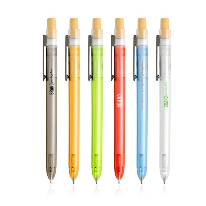 Bolígrafo de plástico de océanos con pulsador de bambú tinta azul vista con logo impreso Bolígrafo de plástico de océanos con pulsador de bambú tinta azul vista con logo impreso