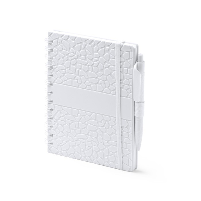 Libreta hecha de estractos de piedra con tapa rígida A5 hojas a rayas color blanco primera vista de uso