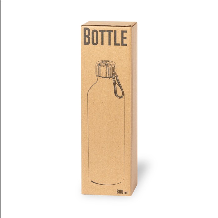 Botella de aluminio grande con tapón de bambú y mosquetón 800ml Helsinki vista con caja
