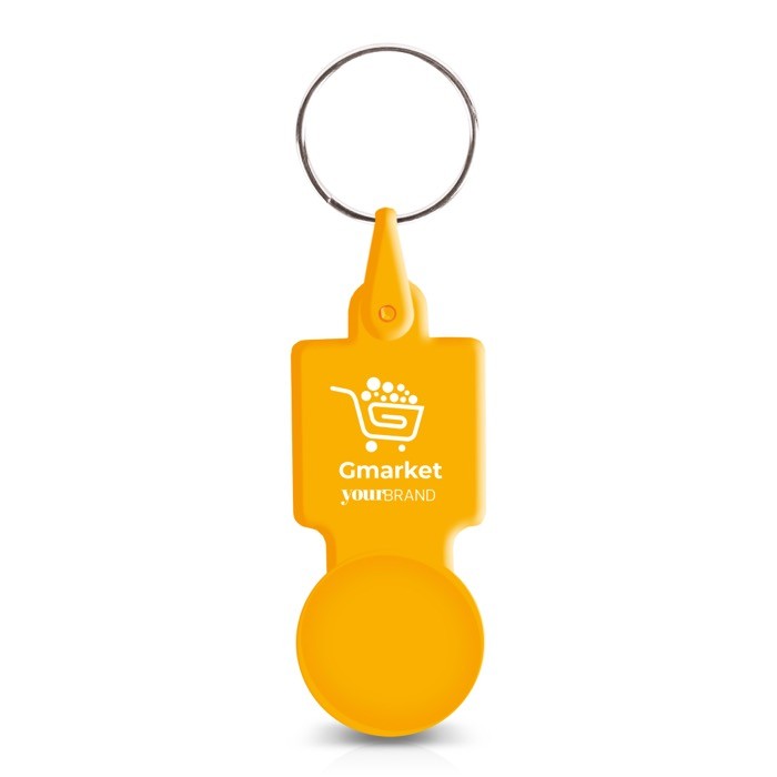 Llavero de plástico con ficha para carro ideal para la compra color amarillo vista con logo impreso