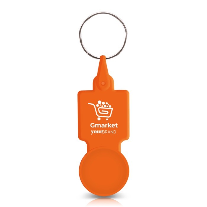Llavero de plástico con ficha para carro ideal para la compra color naranja vista con logo impreso