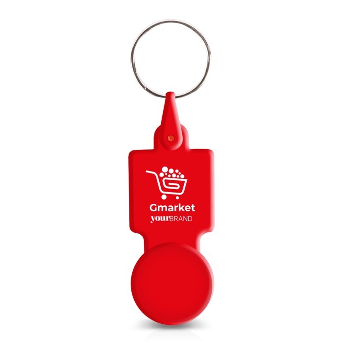 Llavero de plástico con ficha para carro ideal para la compra color rojo vista con logo impreso