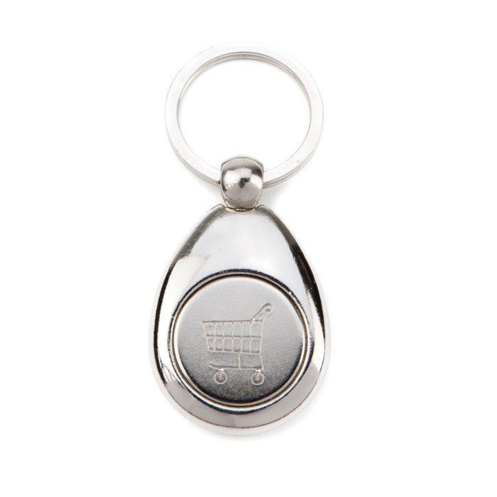 Llavero de metal con ficha de carro de la compra y papel interior color plateado vista 2