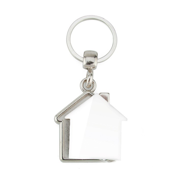 Llavero de metal con forma de casa e inserción de papel interior color plateado Llavero de metal con forma de casa e inserción de papel interior color plateado