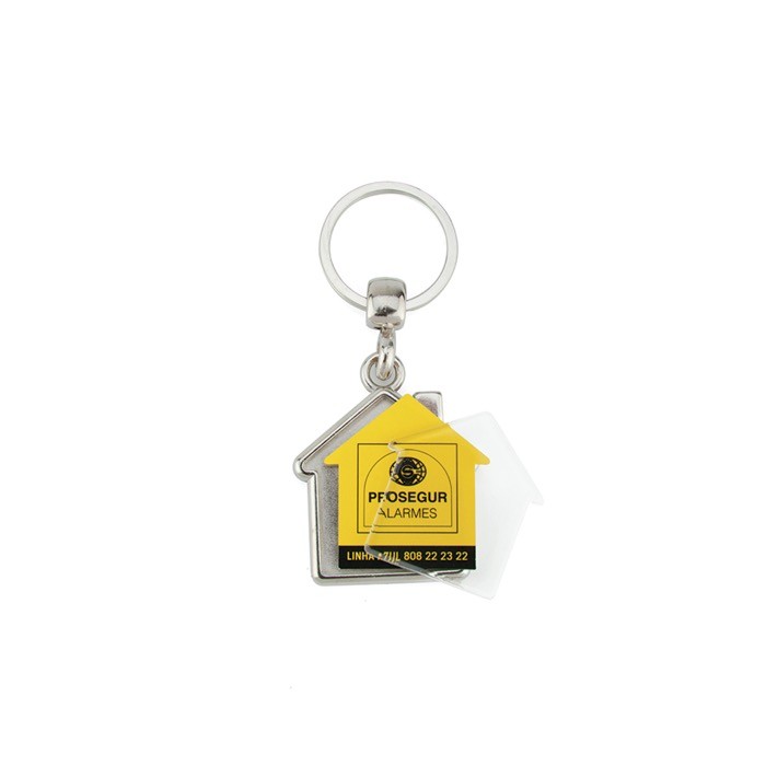 Llavero de metal con forma de casa e inserción de papel interior color plateado Llavero de metal con forma de casa e inserción de papel interior color plateado