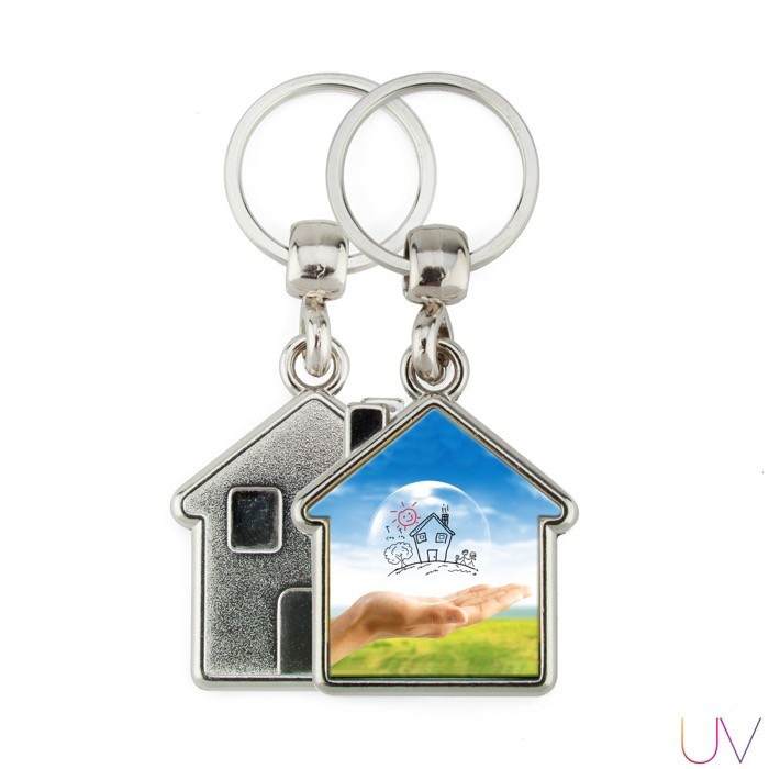 Llavero de metal con forma de casa e inserción de papel interior Llavero de metal con forma de casa e inserción de papel interior