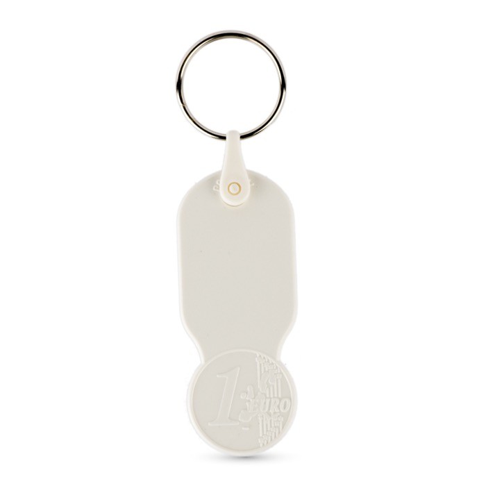 Llavero de plástico con moneda de 1 euro y carátula personalizable color blanco Llavero de plástico con moneda de 1 euro y carátula personalizable color blanco