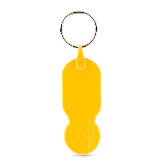 Llavero de plástico con moneda de 1 euro y carátula personalizable color amarillo Llavero de plástico con moneda de 1 euro y carátula personalizable color amarillo