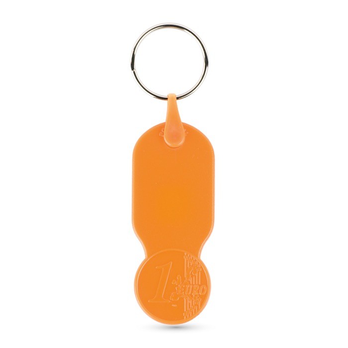 Llavero de plástico con moneda de 1 euro y carátula personalizable color naranja Llavero de plástico con moneda de 1 euro y carátula personalizable color naranja