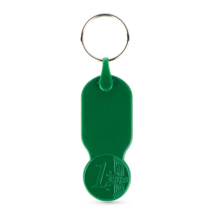 Llavero de plástico con moneda de 1 euro y carátula personalizable color verde Llavero de plástico con moneda de 1 euro y carátula personalizable color verde