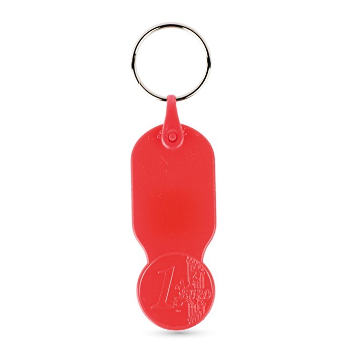 Llavero de plástico con moneda de 1 euro y carátula personalizable color rojo Llavero de plástico con moneda de 1 euro y carátula personalizable color rojo