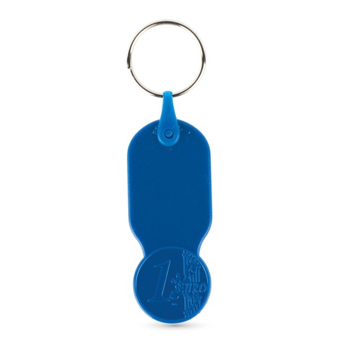 Llavero de plástico con moneda de 1 euro y carátula personalizable color azul real Llavero de plástico con moneda de 1 euro y carátula personalizable color azul real