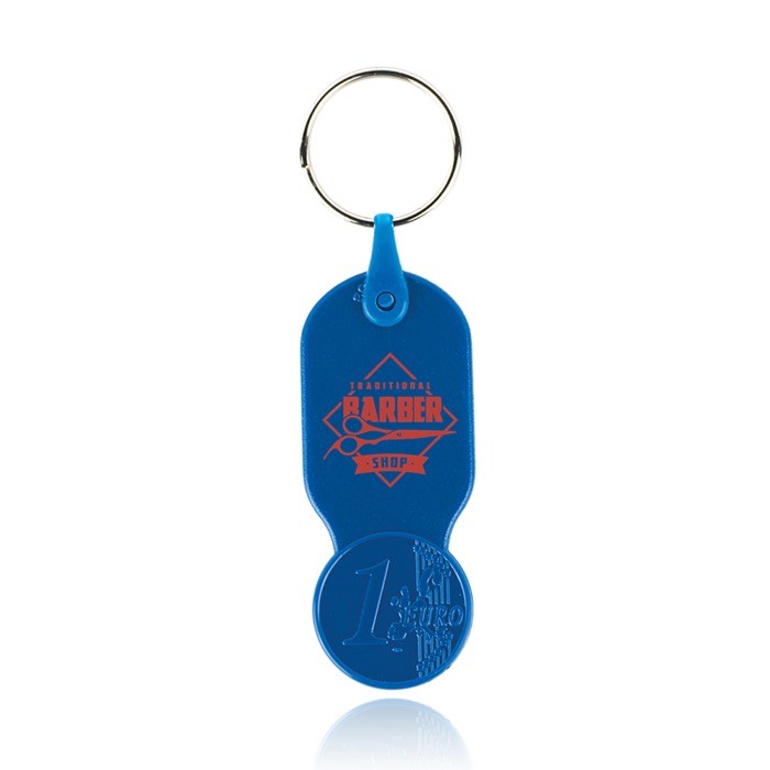 Llavero de plástico con moneda de 1 euro y carátula personalizable color azul real Llavero de plástico con moneda de 1 euro y carátula personalizable color azul real